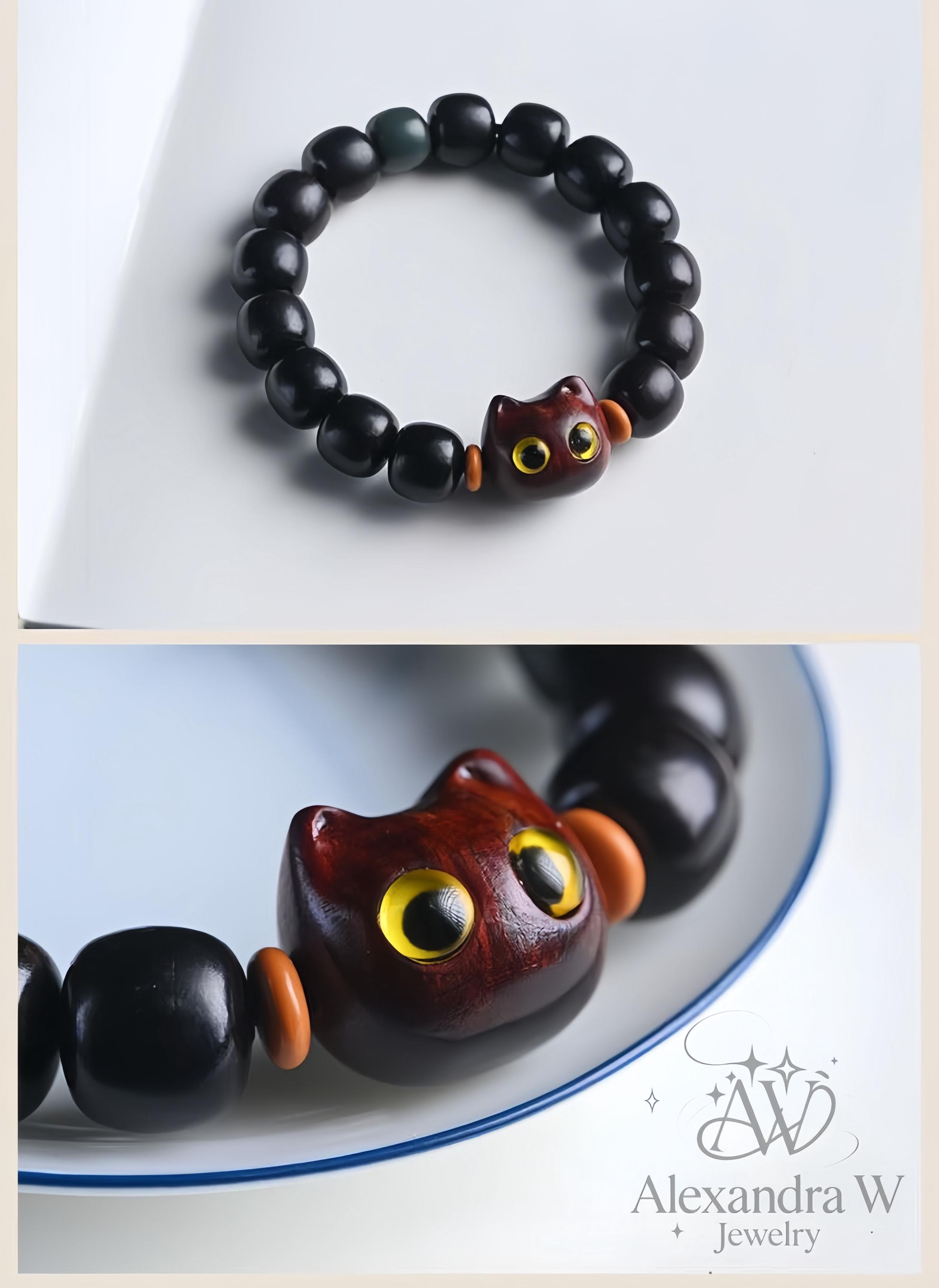 黒檀の招き猫ブレスレット：手編みのオリーブカーネルチャーム - Etsy 日本