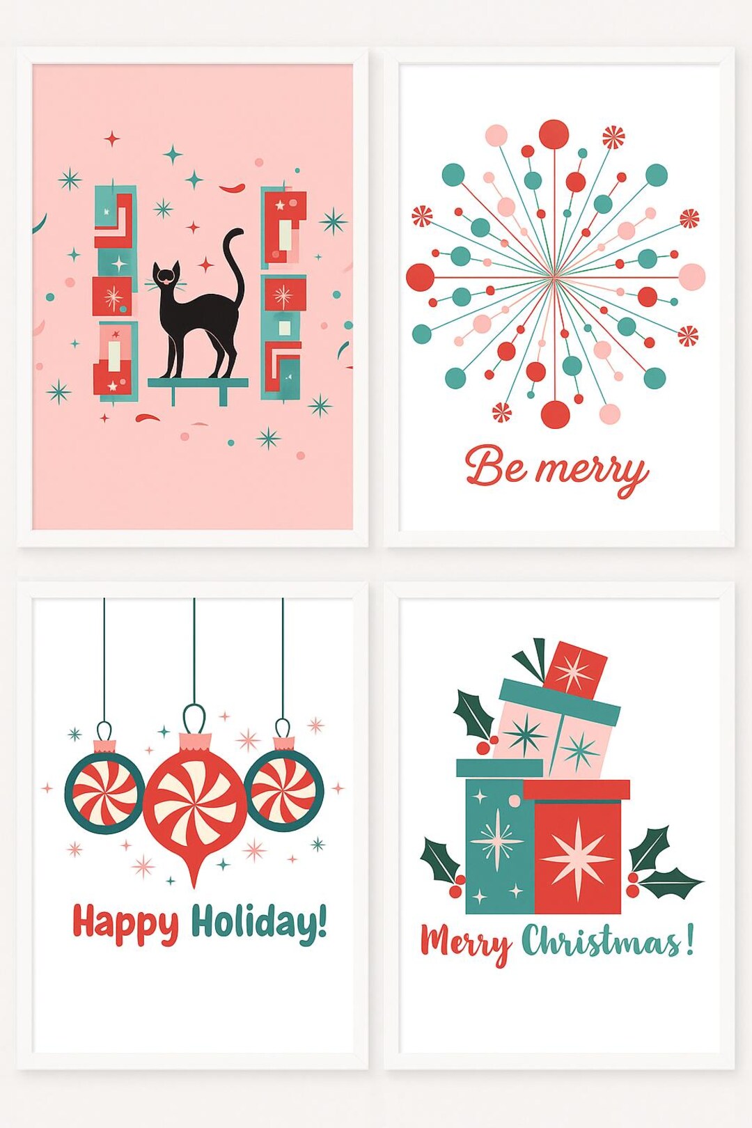 Mid-century Christmas Print Set, Atomic Cat, Starburst (digital ...