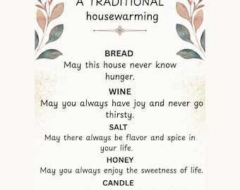 Printable Housewarming Gift Home Blessing Traditional DIY Bread Wine Salt Honey Candle Card for Gift Basket