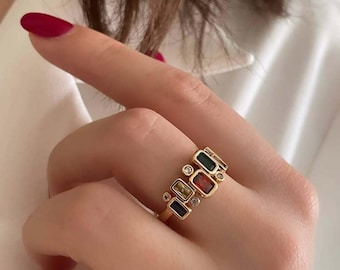 Gold Plated Silver Gemstone Ring: Modern Geometric Cocktail Ring