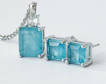 Aquamarine Crystal Sterling Silver Jewelry Set | Pendant Necklace, Earrings