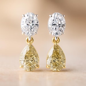 Op de afbeelding: Een paar elegante oorhangers. Elke oorbel heeft een witte ovaal geslepen diamant aan de bovenkant, verbonden met een peervormige gele diamant eronder. De zettingen zijn van goud, wat een luxueus contrast creëert.