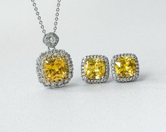 Set di gioielli con zaffiro giallo: collana Halo in argento sterling e orecchini a bottone