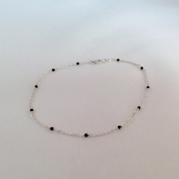 Natural Black spinel beads wire wrapped anklet in solid sterling silver 925.