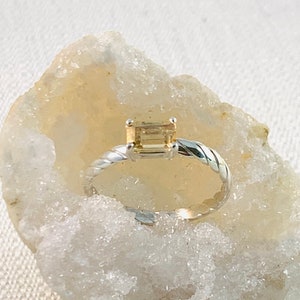Emerald Cut Topaz Ring: Sterling Silver Twisted Band, November Birthstone
