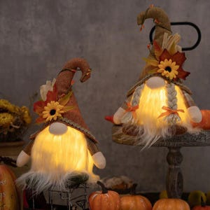 May include: Two illuminated gnome figurines with long white beards, wearing brown hats decorated with autumn leaves and sunflowers. The gnomes have glowing bodies and are surrounded by pumpkins, creating an autumnal display.