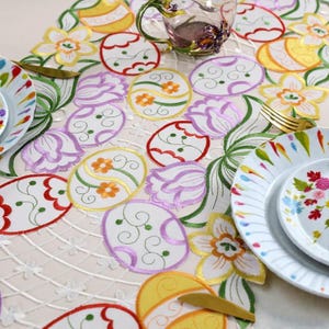 Easter Embroidered Table Runner with Floral Cutwork, Colorful Egg Design - Spring Holiday Table Decor