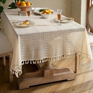 Lace Tablecloth with Tassels, Farmhouse Home Decor,Boho Crochet Table Cover