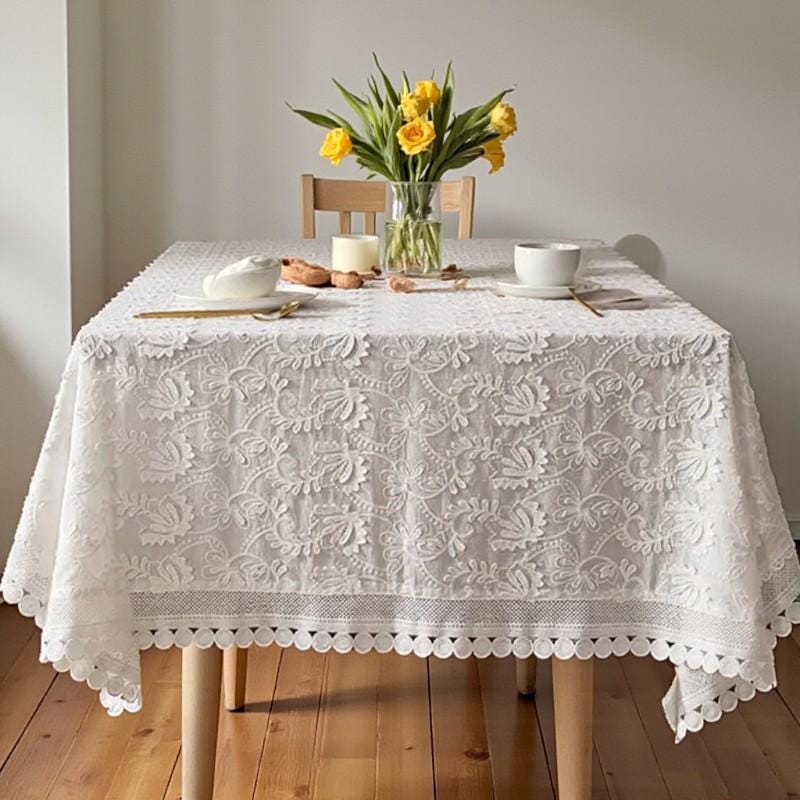Surakey Tovaglia in pizzo, bianca, rotonda, in pizzo, bianca, per matrimoni, Natale, cervi, in lino, con fiori, 178 x 178 cm