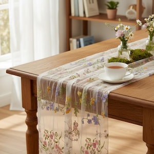Op de afbeelding: Een houten tafel met een transparante bloemen tafelloper. Een witte kop en schotel liggen op de loper. Vazen met bloemen en mos versieren de tafel. De loper heeft een delicaat bloemenpatroon met vlinders.
