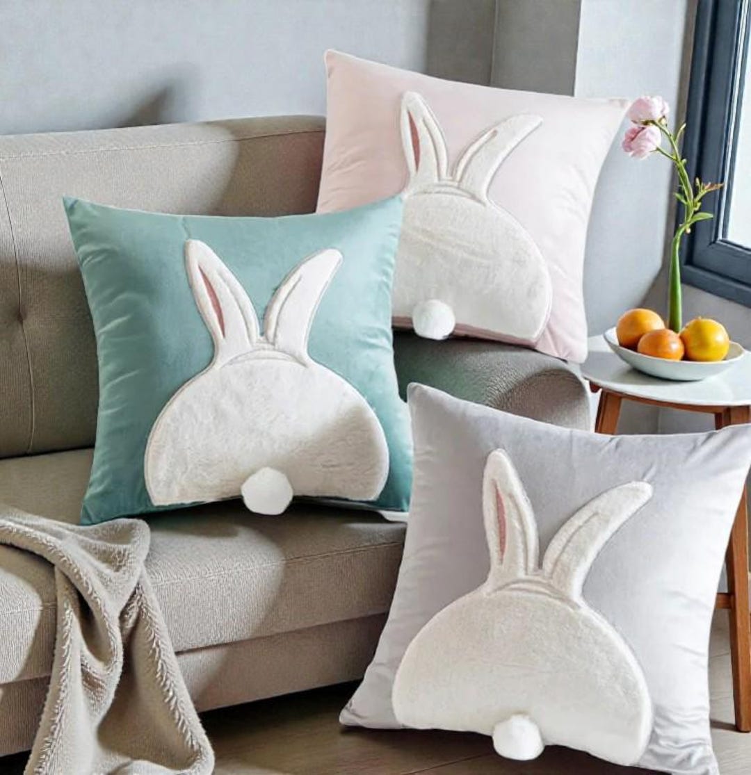 Bunny Embroidered Velvet Pillow Cover – Neutral Easter Decorative ...