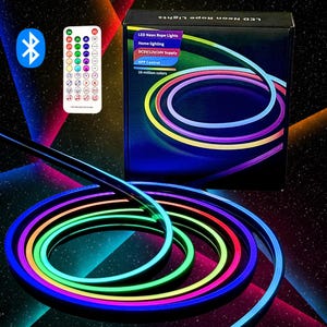 May include: A multi-coloured LED neon rope light, coiled and displayed with its packaging. The box reads "LED Neon Rope Lights" and includes details about home lighting, power supply, and app control. A remote control is also shown.