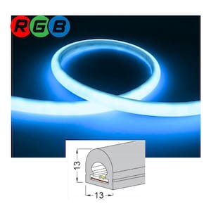 May include: A flexible RGB LED neon strip light emitting a bright blue glow, coiled in a loop. A technical diagram shows the cross-section of the strip with a width and height of 13 mm, featuring an internal LED component and a rounded top.