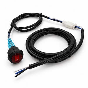 May include: A black round rocker switch with a red button featuring a white power symbol. The switch is connected to a long black electrical wire harness that includes a white plastic connector and exposed blue, white, and black wire ends.