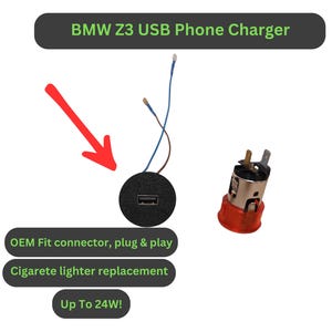 Może przedstawiać: Czarna ładowarka USB do telefonu dla BMW Z3. Ładowarka jest zamiennikiem zapalniczki i ma tekst "OEM Fit connector, plug & play" oraz "Up To 24W!" na zdjęciu.