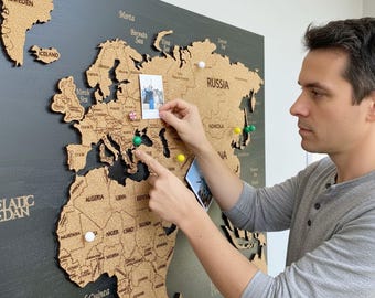 木製世界地図ウォールアート、プッシュピン旅行世界地図、大型