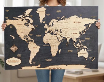 Arte mural con chinchetas de mapa del mundo, decoración de mapa del mundo de madera, mapa del mundo para viajes, decoración de apartamentos, arte mural de mapa del mundo, regalo de inauguración de la casa