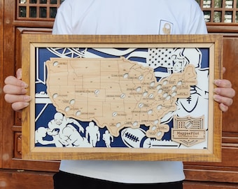 NFL Stadium Travel Map, Football Stadium Map, Ballpark Tracker Map, Personalized Gift, Wood Anniversary Gift for Him, Valentine's Day Gift
