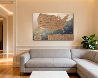 Push Pin USA National Park Map, Wood Map Of United States Map Apartment Decor, Wooden Wall Art 5th Anniversary Gift, Travel Map Wall Art
