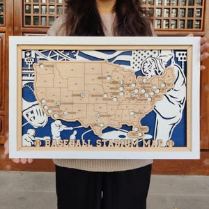 May include: A framed baseball stadium map of the United States. The map is made of wood and features a blue background. The text "BASEBALL STADIUM MAP" is at the bottom. The map includes baseball-themed illustrations.