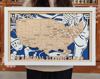 MLB Stadium Map, Baseball Stadium Map, Pro Baseball Stadium Tracker, Baseball Gift, Stadium Travel Map, 5th Anniversary Gift for Him
