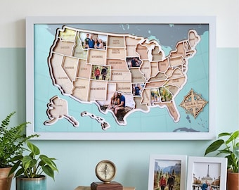 Decoración de pared con mapa fotográfico de EE. UU. - Mapa de viaje personalizado de los 50 estados - Marco de fotos con mapa de viaje de EE. UU. - Decoración personalizada para el hogar, regalo de inauguración de la casa