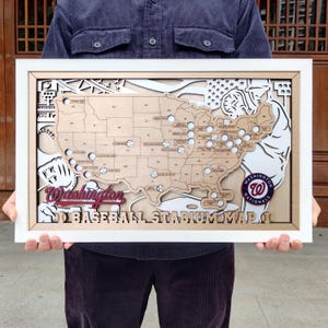 May include: A wooden baseball stadium map of the United States, framed in white. The map features baseballs marking stadium locations and the text "Washington Baseball Stadium Map". The Washington Nationals logo is visible.