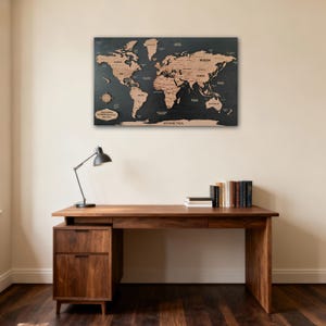 Wooden World Map Push Pin Board, Jet Black, Travel Wall Art