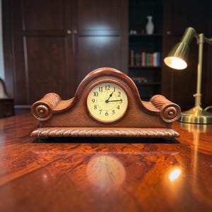 May include: A brown wooden mantel clock with a curved top and scroll-shaped sides. The clock face is cream-colored with black Arabic numerals and black hands. The base and sides feature carved detailing, and the center panel has a textured finish.