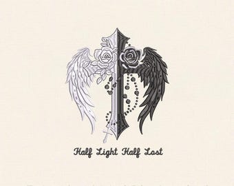 Half Light Half Lost Embroidery Design, Gothic Cross Angel Wings Rose (Digital Download)