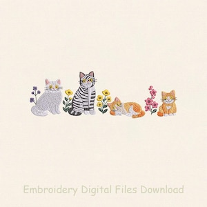 May include: An embroidered design featuring five stylized cats in various poses, each with yellow eyes and whiskers. The cats are surrounded by embroidered flowers in yellow, pink, and purple. The text "Embroidery Digital Files Download" is at the bottom.