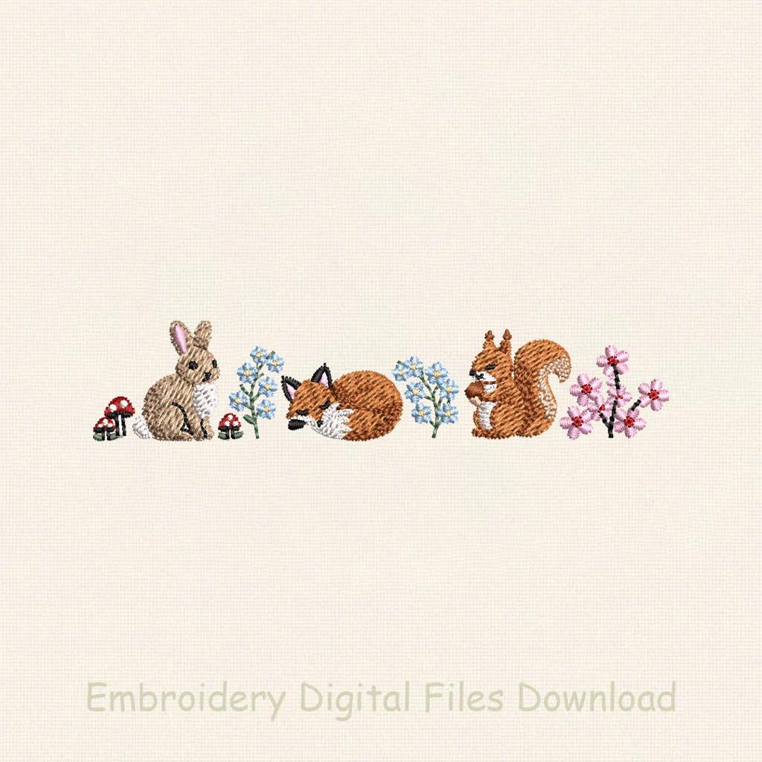 Woodland Animals Embroidery Design, Bunny Fox Squirrel Floral Scene ...