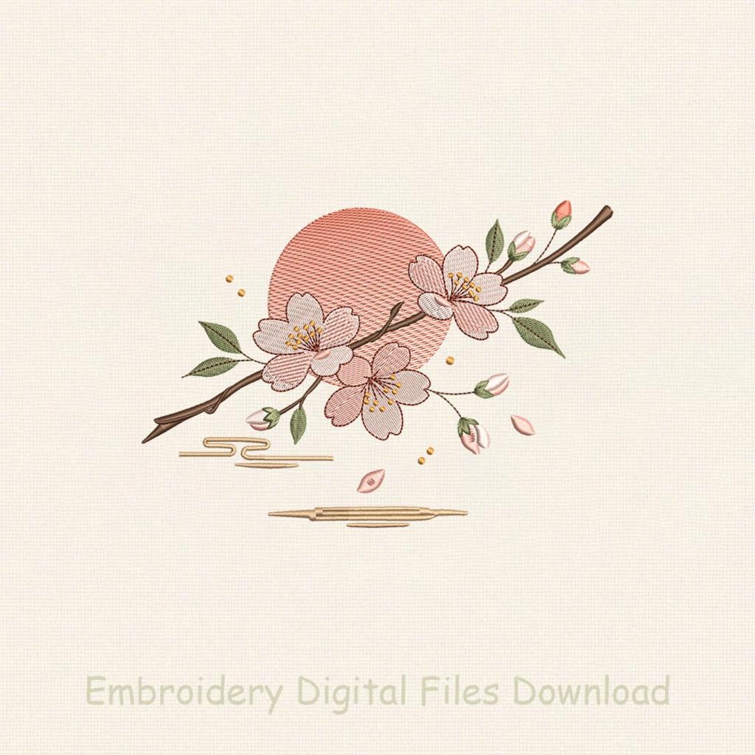 Cherry Blossom Embroidery Design, Japanese Sakura Sunset Art (digital ...
