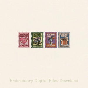 May include: Four embroidered postage stamp designs. The stamps feature the phrases "Broken Hearted", "Mixtape Memories", "Fading Fast", and "One Way Ticket". Each stamp has a unique design and color scheme, with text and imagery.