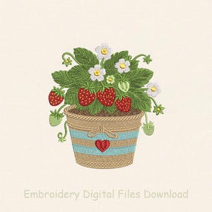 Diseño de bordado de cesta de fresas, maceta floral, decoración de jardín de verano (descarga digital)