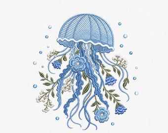 Jellyfish Embroidery Design, Coastal Cottagecore Ocean Floral Whimsical Art (Digital File)