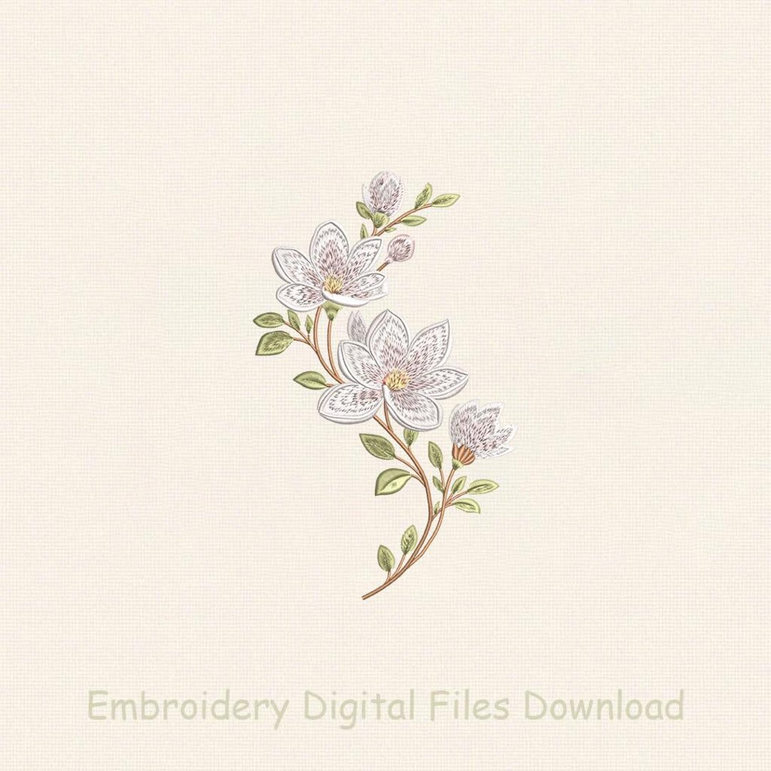 Magnolia Flower Embroidery Design, Elegant White Floral Branch ...