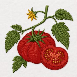 Op de afbeelding: Een borduurontwerp met een levendige rode tomaat aan een groene rank met gekartelde bladeren en een kleine gele bloem. Naast de hele tomaat ligt een doorgesneden tomaathelft die de binnenkant met zaadjes laat zien in borduurwerk.
