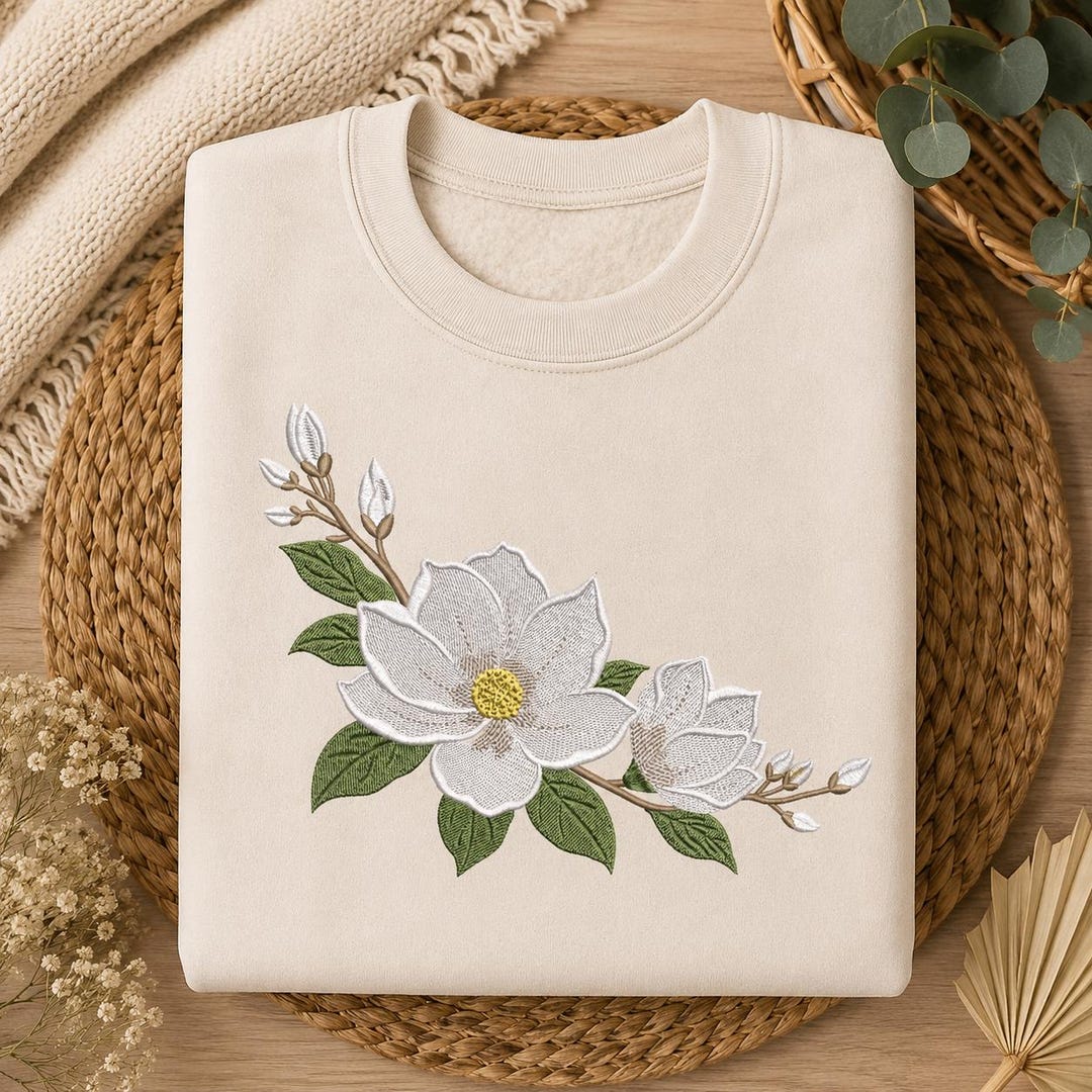 White Magnolia Embroidery Design, Elegant Floral Branch Pattern ...