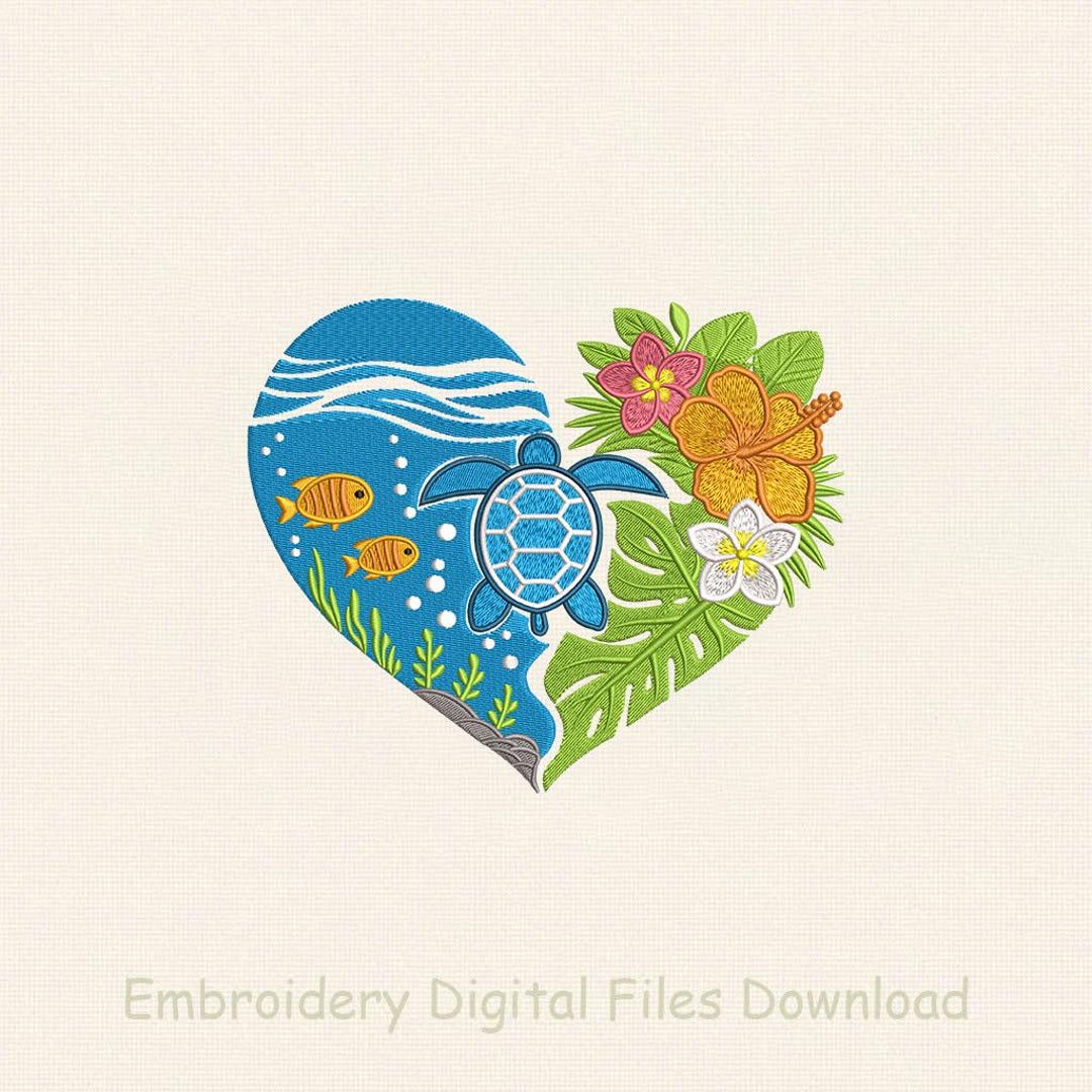Sea Turtle Heart Embroidery Design, Tropical Fish Hibiscus Floral ...