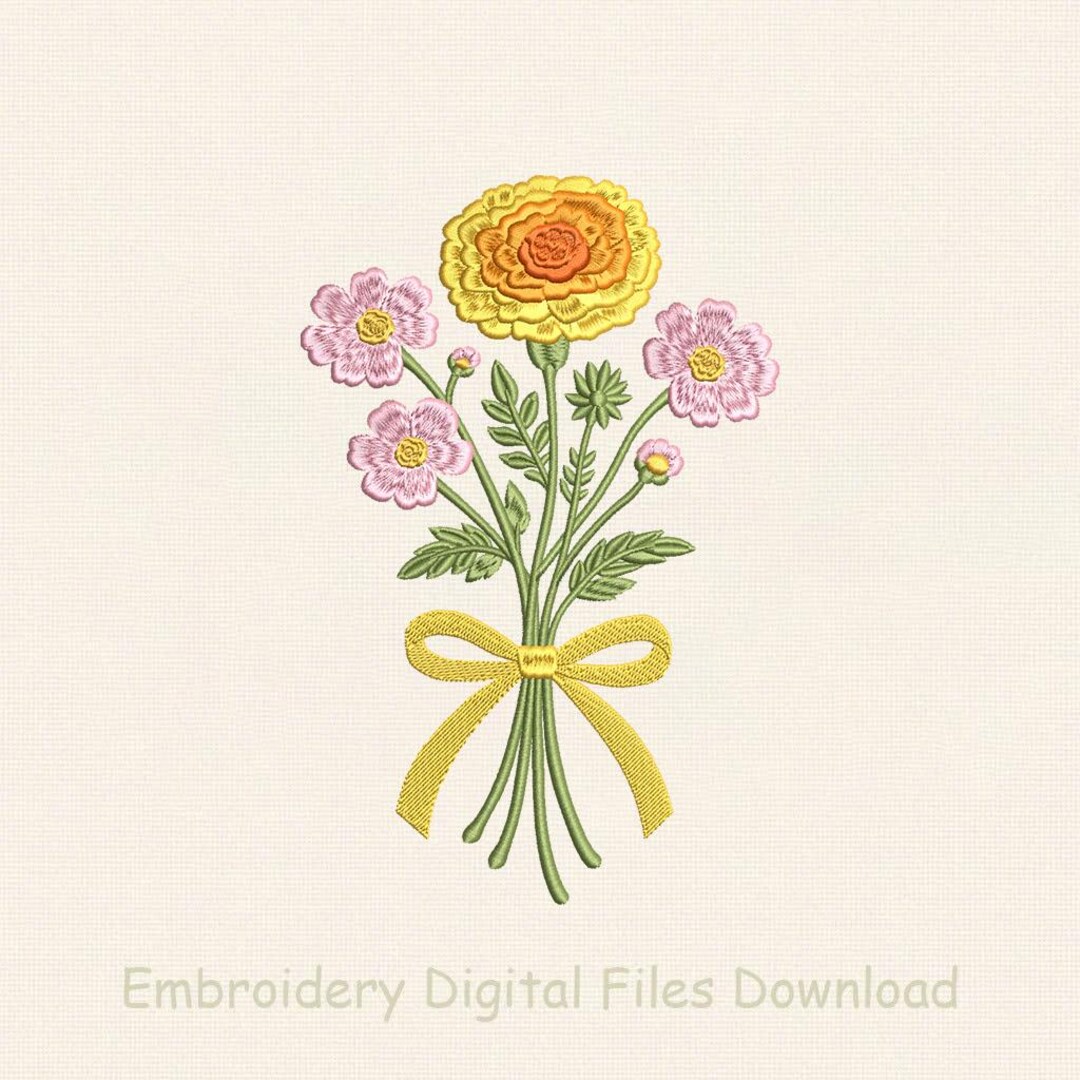 Yellow Pink Flower Bouquet Embroidery Design, Floral Ribbon Bow Art ...