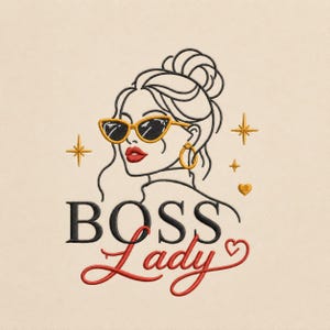 May include: Embroidered design featuring a woman with sunglasses, hoop earrings, and red lipstick. The text "BOSS Lady" is below the woman's image, with a heart symbol. Gold star and heart accents complete the design.