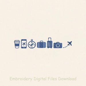 May include: A light beige background with blue embroidered travel icons: a coffee cup, phone with airplane, compass, suitcase, rolling suitcase, camera, and airplane with dotted line. Text at the bottom reads "Embroidery Digital Files Download."