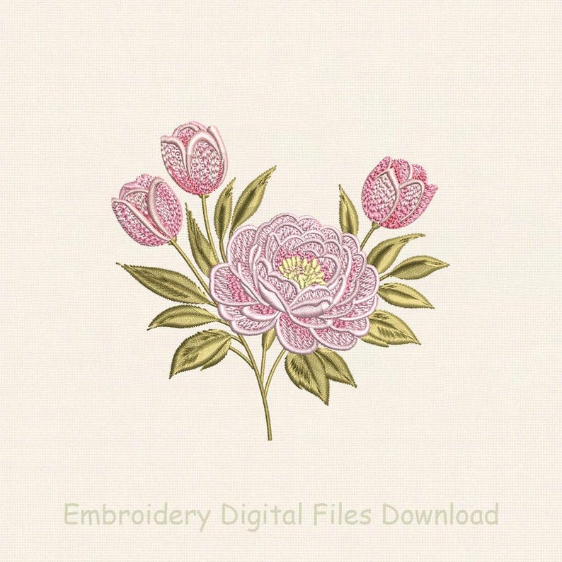 Pink Peony Tulip Embroidery Design, Elegant Floral Bouquet Pattern ...