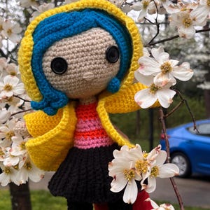 Handmade Coraline Doll with Removable Yellow Jacket – 13 Inch Crochet Figure image 1