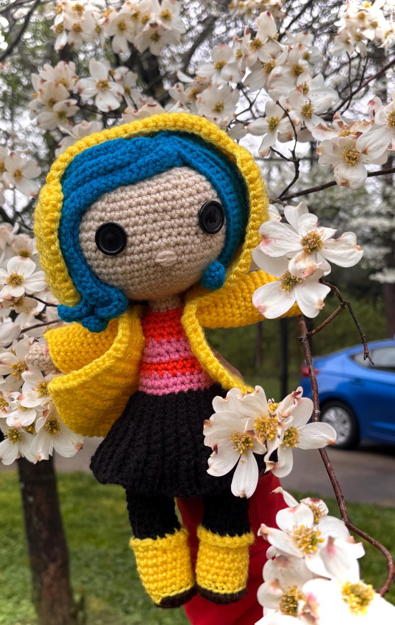 Handmade Coraline Doll with Removable Yellow Jacket – 13 Inch Crochet Figure image 1