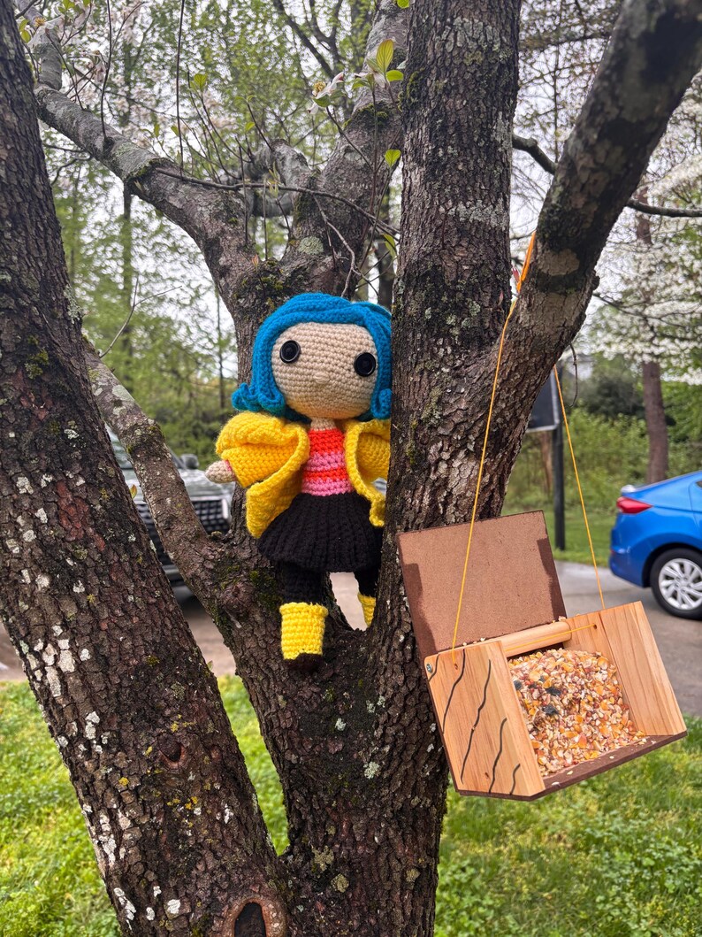 Handmade Coraline Doll with Removable Yellow Jacket – 13 Inch Crochet Figure image 2