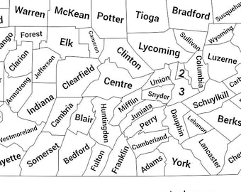 Mapa de Pensilvania con condados SVG: Esquema imprimible (descarga digital)