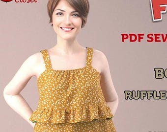Patrón de costura para vestido de verano con volantes / Vestido de verano DIY / Manga acampanada / Estilo gótico / Tejido de punto / Largo