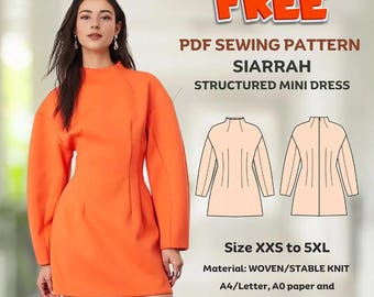 Patrón de costura para vestido estructurado Siarrah / manga acampanada / estilo gótico / cuello alto / tejido de punto / largo